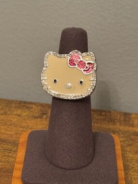 Hello Kitty Rhinestone Ring Stretch Adjustable Glitter Bow Silver Tone
